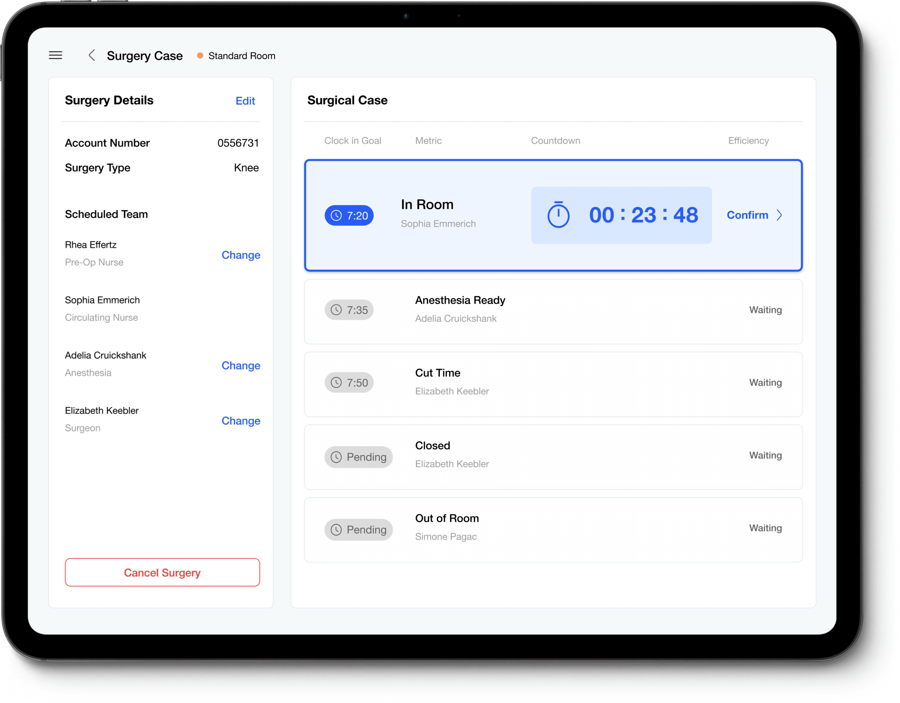 Collect surgical metrics on the Synchrony tablet interface